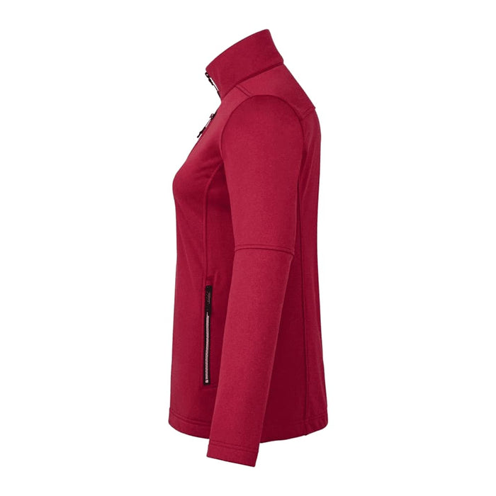 Women's Joris Eco Waterproof Softshell Jacket - A red Women's Joris Eco Waterproof Softshell Jacket with a high collar and zippered pockets, featuring a logo.