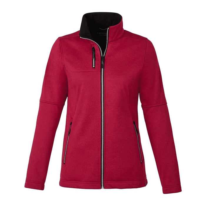 Women's Joris Eco Waterproof Softshell Jacket - A red women's softshell jacket featuring a high collar and zippered pockets, with a logo on the front.
