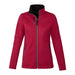 Women's Joris Eco Waterproof Softshell Jacket - A red women's softshell jacket featuring a high collar and zippered pockets, with a logo on the front.