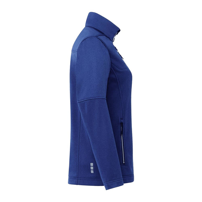 Women's Joris Eco Waterproof Softshell Jacket - A women's softshell jacket in navy blue with a zippered front and side pockets, featuring a logo.