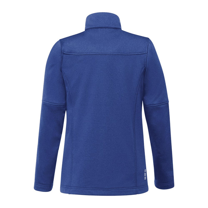 Women's Joris Eco Waterproof Softshell Jacket - A blue women's softshell jacket featuring a high collar and a sleek design, with a logo on the back.