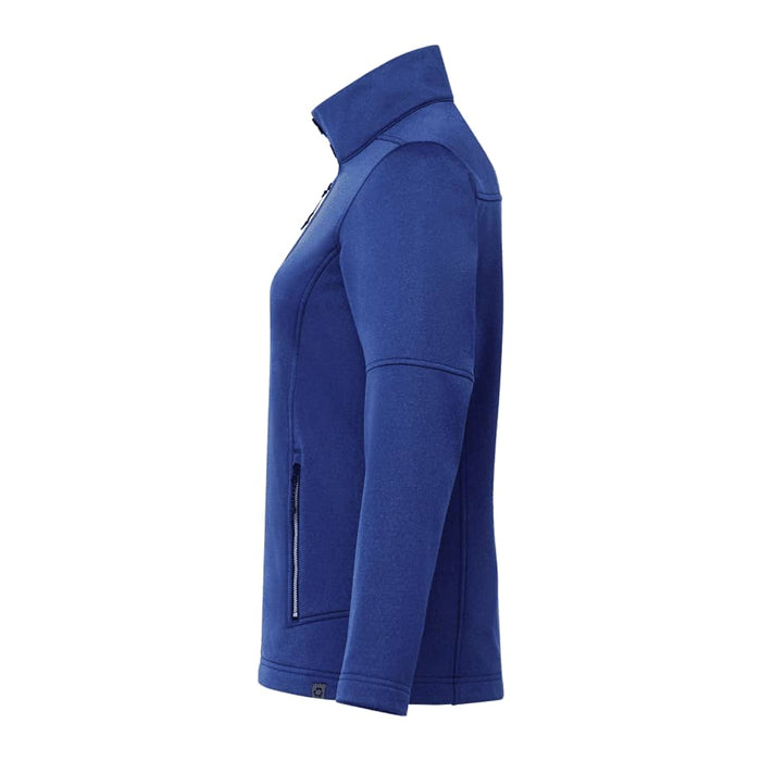 Women's Joris Eco Waterproof Softshell Jacket - A blue women's softshell jacket featuring a high collar and side pockets, with a logo on the sleeve.