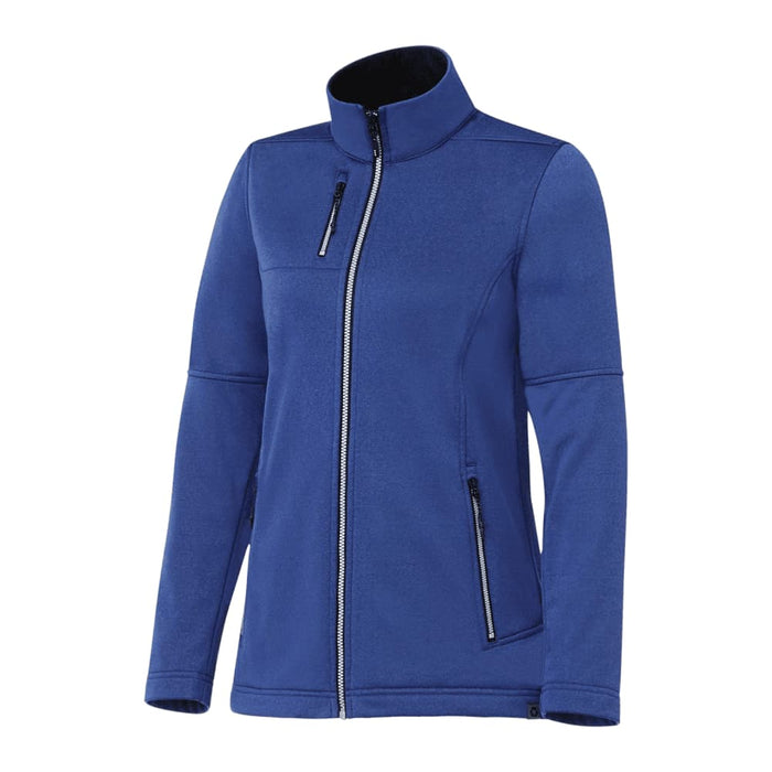 Women's Joris Eco Waterproof Softshell Jacket - A women's blue eco waterproof softshell jacket with a zip front and side pockets, featuring a branded logo.