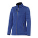 Women's Joris Eco Waterproof Softshell Jacket - A women's blue eco waterproof softshell jacket with a zip front and side pockets, featuring a branded logo.