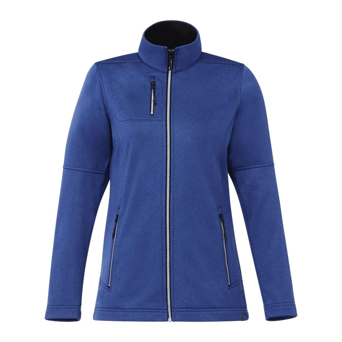 Women's Joris Eco Waterproof Softshell Jacket - A blue women's softshell jacket with zippered pockets and a high collar, featuring a logo.
