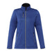 Women's Joris Eco Waterproof Softshell Jacket - A blue women's softshell jacket with zippered pockets and a high collar, featuring a logo.
