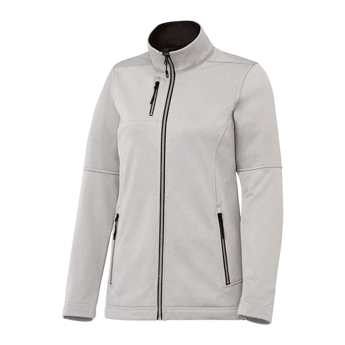 Women's Joris Eco Waterproof Softshell Jacket - A women's softshell jacket in light grey with a zippered front and pockets. The jacket features a high collar and has a logo.