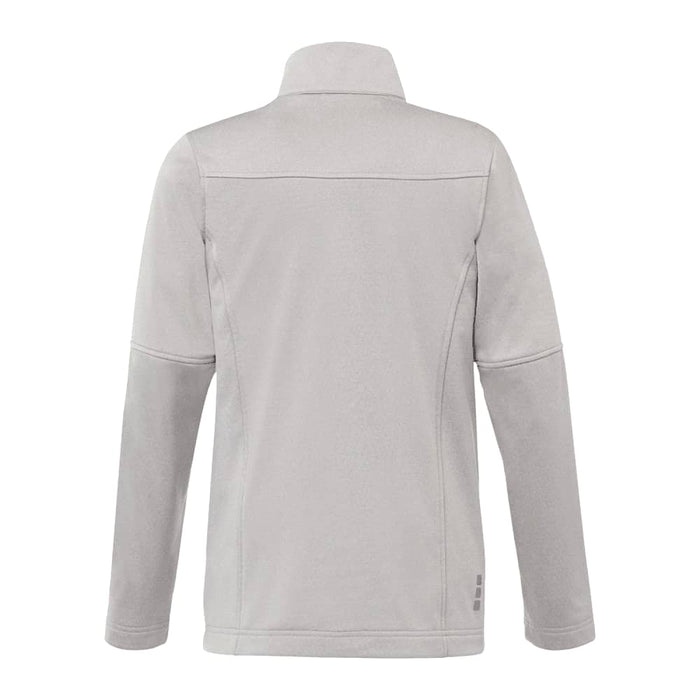 Women's Joris Eco Waterproof Softshell Jacket - A light grey women's softshell jacket with a high collar and long sleeves, featuring a logo on the side.