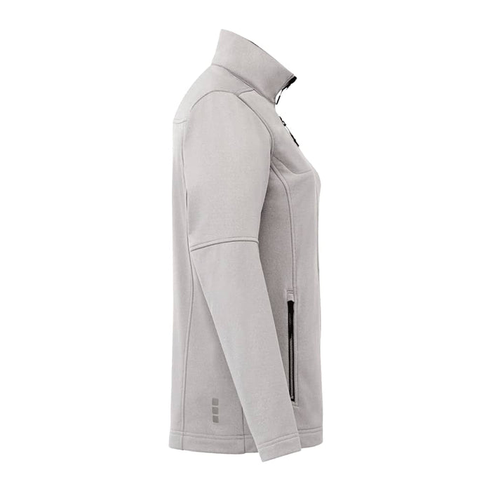 Women's Joris Eco Waterproof Softshell Jacket - A light grey women's softshell jacket with a high collar and side pockets, featuring a logo.