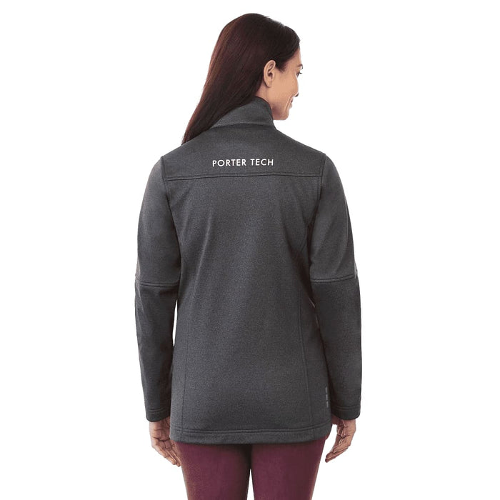 Women's Joris Eco Waterproof Softshell Jacket - A dark grey women's softshell jacket with a high collar and a logo on the back.