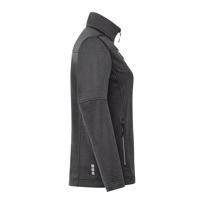 Women's Joris Eco Waterproof Softshell Jacket - A women's eco waterproof softshell jacket in dark grey, featuring a zip closure and side pockets. The jacket has a logo.