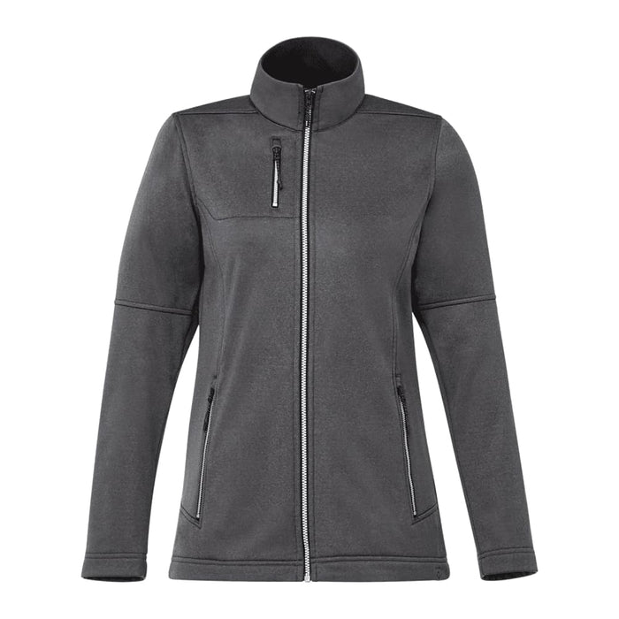 Women's Joris Eco Waterproof Softshell Jacket - A women's softshell jacket in dark grey, featuring a zip front, high collar, and two side pockets. It has a logo.
