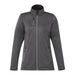 Women's Joris Eco Waterproof Softshell Jacket - A women's softshell jacket in dark grey, featuring a zip front, high collar, and two side pockets. It has a logo.