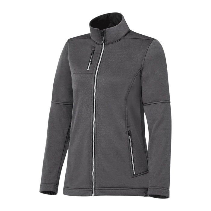 Women's Joris Eco Waterproof Softshell Jacket - A women's softshell jacket in dark grey, featuring a zip front and two side pockets. The jacket has a logo.