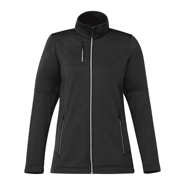 Women's Joris Eco Waterproof Softshell Jacket - A women's black eco waterproof softshell jacket with a zip front, high collar, and two zippered pockets.