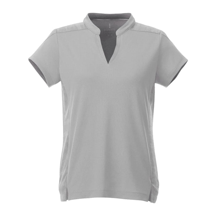 Women's Piedmont Short Sleeve Performance Polo - A light grey women's short sleeve performance polo shirt with a collar and side slits. It features a logo.