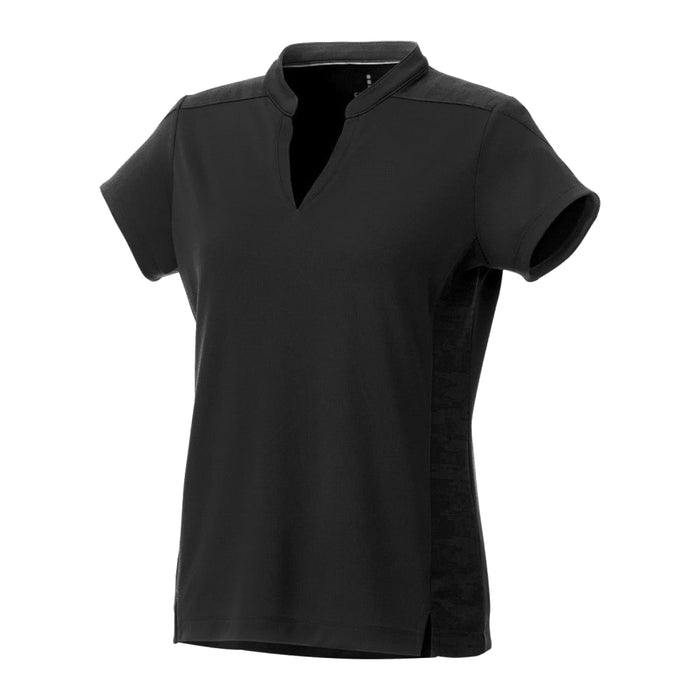 Women's Piedmont Short Sleeve Performance Polo - A black women's polo shirt with short sleeves and a collar, featuring a subtle pattern on the sides.