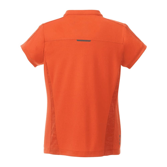 Women's Piedmont Short Sleeve Performance Polo - An orange women's polo shirt with short sleeves, featuring a logo and a stylish back design.