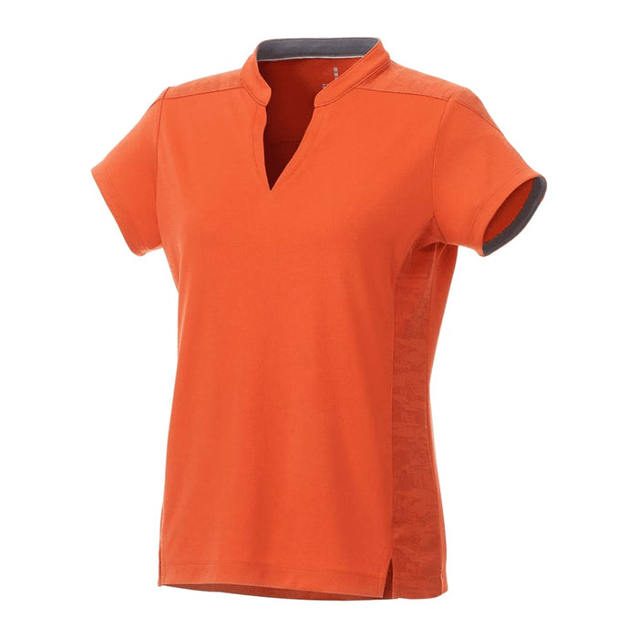 Women's Piedmont Short Sleeve Performance Polo - An orange women's performance polo shirt featuring a collar, short sleeves, and a subtle logo.