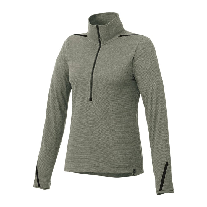 Women's Dege Eco Knit Performance Half Zip - A women's half zip jumper in green eco-knit fabric, featuring long sleeves and a mock collar. It has a brand logo.