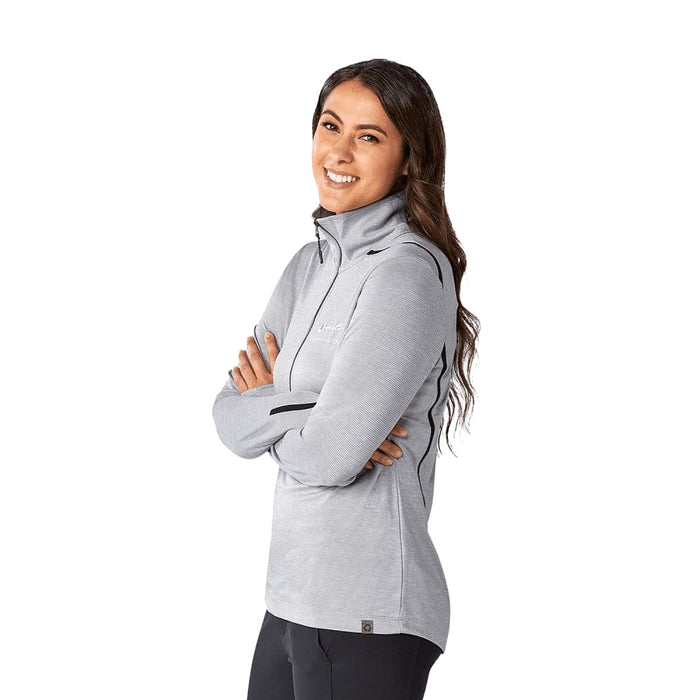 Women's Dege Eco Knit Performance Half Zip - A light grey women's half-zip jumper featuring a high collar and a branding logo.