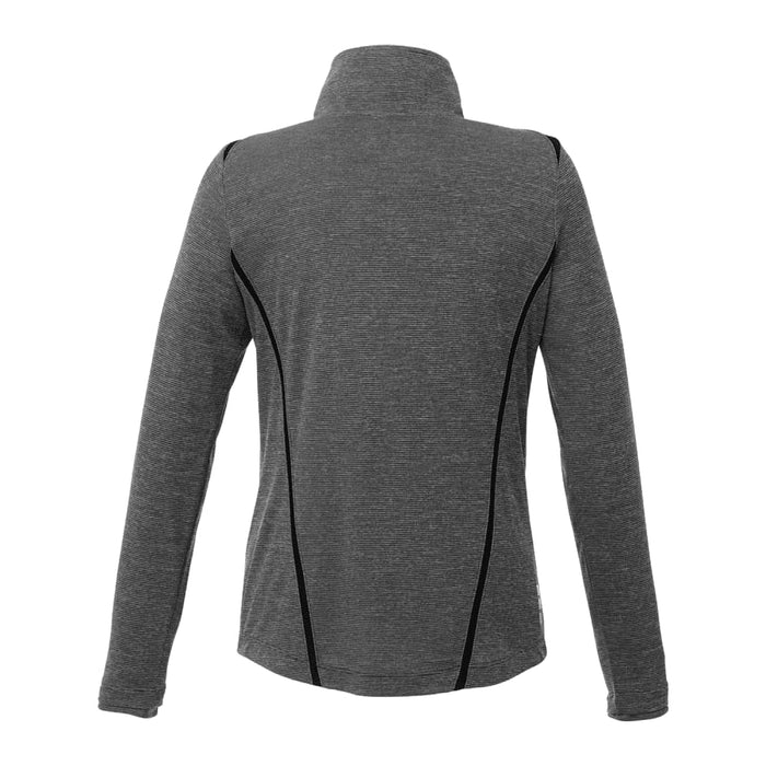Women's Dege Eco Knit Performance Half Zip - A grey women's half zip jumper with black detailing, featuring long sleeves and a mock collar. It has a logo.