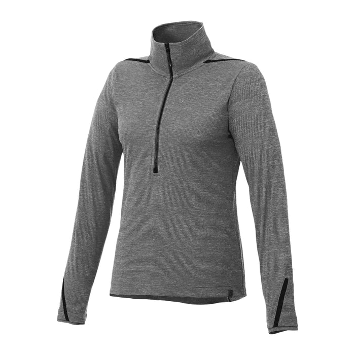 Women's Dege Eco Knit Performance Half Zip - A grey women's half zip jumper with long sleeves and a zippered collar. Features a branding logo.