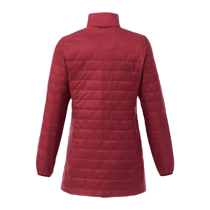 Womens Telluride Lightweight Packable Insulated Puffer Jacket - A burgundy lightweight puffer jacket with a packable design and a high collar, featuring a logo on the back.