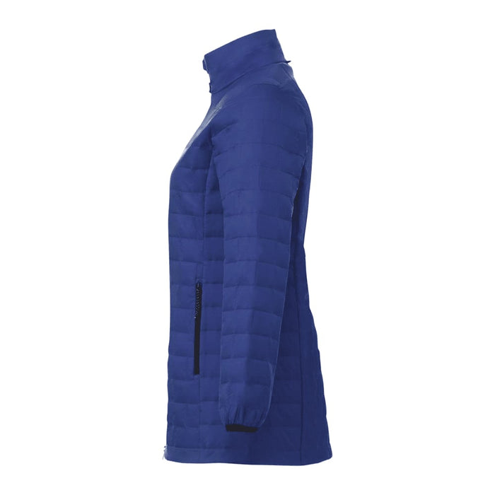 Womens Telluride Lightweight Packable Insulated Puffer Jacket - A lightweight, packable insulated puffer jacket in blue, featuring a high collar and side zip pockets, with a logo.