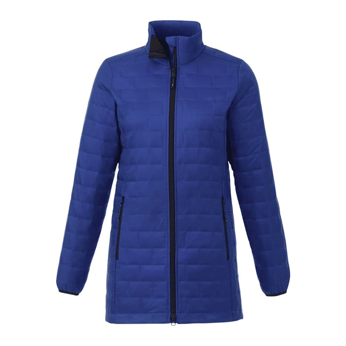 Womens Telluride Lightweight Packable Insulated Puffer Jacket - A blue women's puffer jacket with a zip front, high collar, and side pockets. It features a logo on the design.