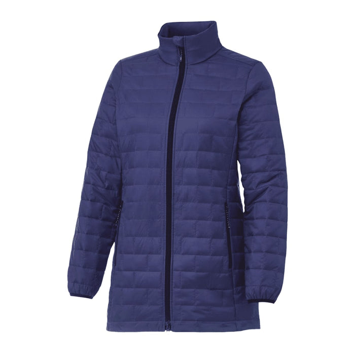 Womens Telluride Lightweight Packable Insulated Puffer Jacket - A lightweight, insulated puffer jacket in navy blue with a high collar and zippered pockets.