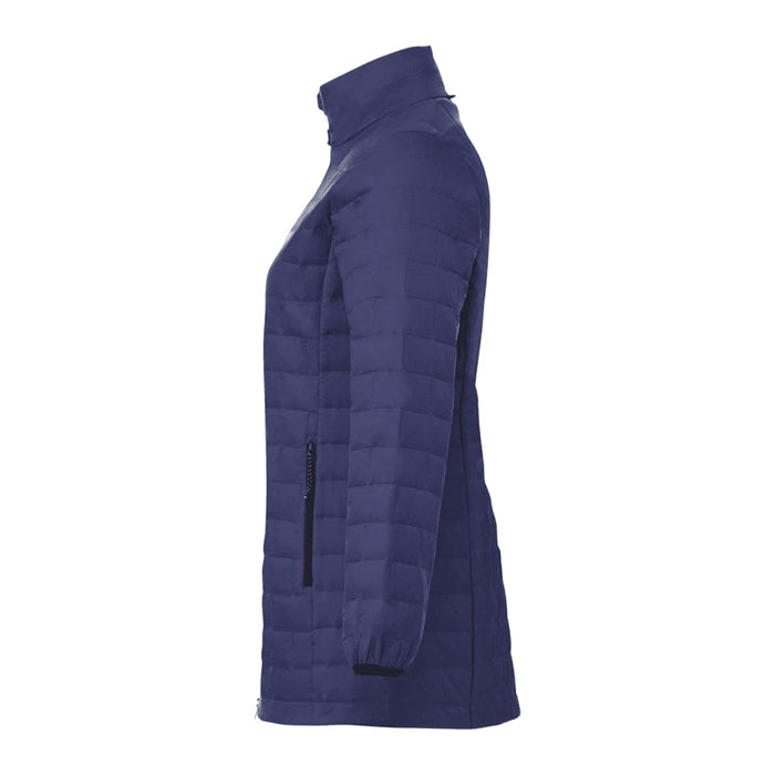 Womens Telluride Lightweight Packable Insulated Puffer Jacket - A navy women's insulated puffer jacket with a zippered pocket and a high collar, featuring a logo.