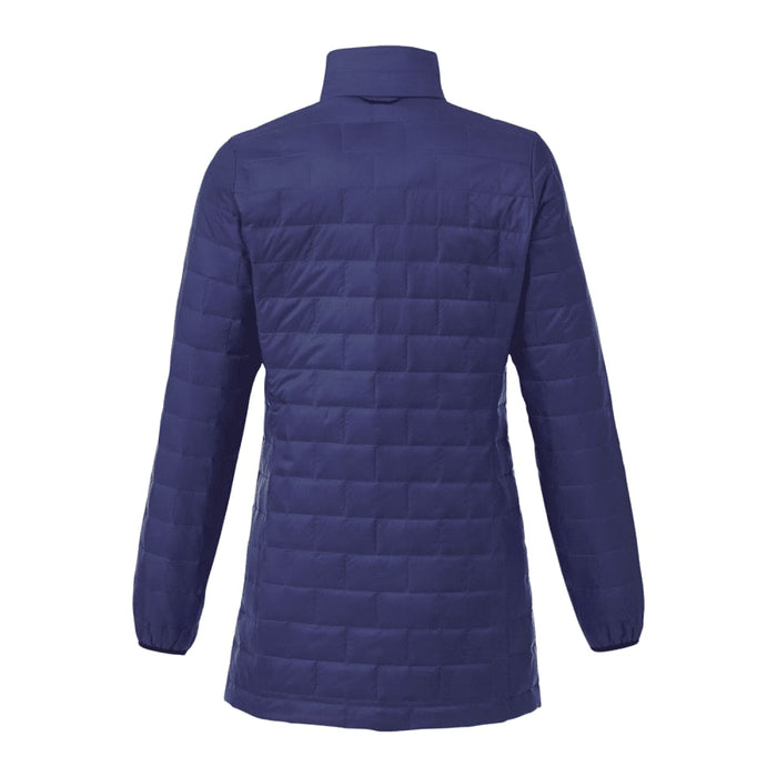 Womens Telluride Lightweight Packable Insulated Puffer Jacket - A navy lightweight packable insulated puffer jacket with a collar and long sleeves, featuring a logo.