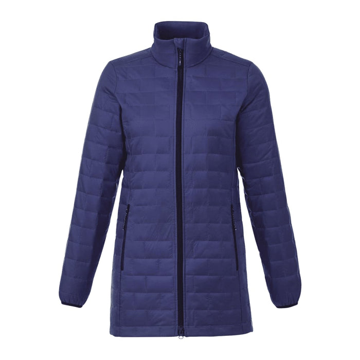 Womens Telluride Lightweight Packable Insulated Puffer Jacket - A navy puffer jacket featuring a zip front, high collar, and side pockets. It has a lightweight, insulated design.