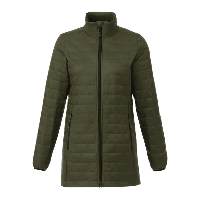 Womens Telluride Lightweight Packable Insulated Puffer Jacket - A lightweight packable insulated puffer jacket in dark green with a high collar and long sleeves. Features zippered pockets and a logo.