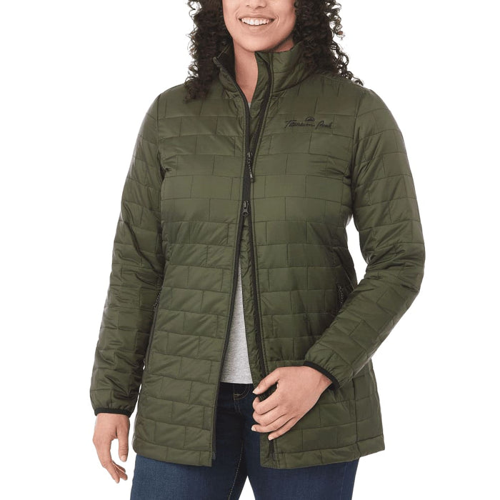 Womens Telluride Lightweight Packable Insulated Puffer Jacket - A green insulated puffer jacket with a zip-up front and a high collar, featuring a logo.