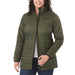 Womens Telluride Lightweight Packable Insulated Puffer Jacket - A green insulated puffer jacket with a zip-up front and a high collar, featuring a logo.