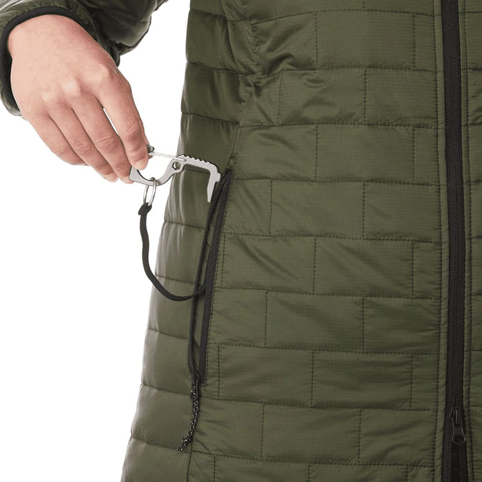 Womens Telluride Lightweight Packable Insulated Puffer Jacket - A green women's lightweight packable insulated puffer jacket with a hand reaching into a zippered pocket.