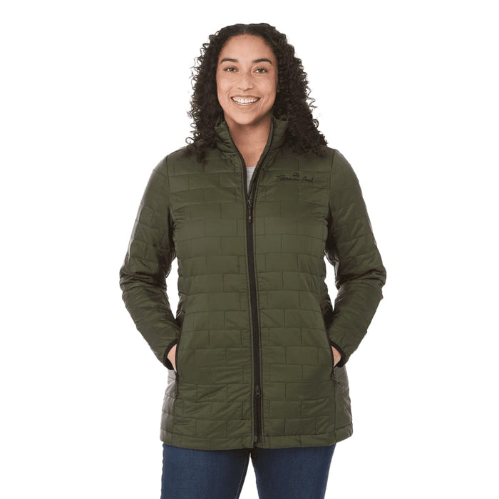 Womens Telluride Lightweight Packable Insulated Puffer Jacket - A lightweight packable insulated puffer jacket in olive green with a zip front and pockets, featuring a logo.