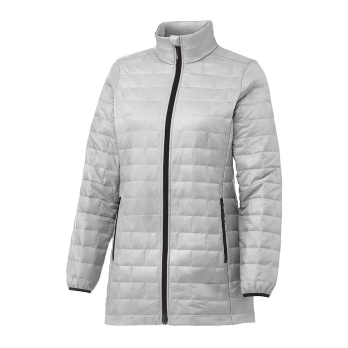 Womens Telluride Lightweight Packable Insulated Puffer Jacket - A lightweight, packable puffer jacket in silver with a zip front and high collar, featuring a logo on the sleeve.