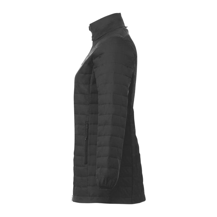 Womens Telluride Lightweight Packable Insulated Puffer Jacket - A women's black lightweight packable insulated puffer jacket with a high collar and side pockets, featuring a logo.
