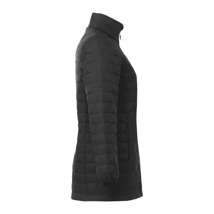 Womens Telluride Lightweight Packable Insulated Puffer Jacket - A lightweight, packable women's puffer jacket in black with a front zip and a high collar. It features a logo.