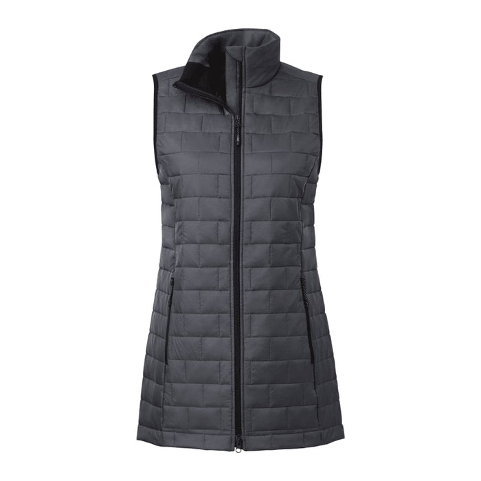 Women's Telluride Lightweight Packable Insulated Puffer Vest - A women's lightweight packable insulated puffer vest in dark grey, featuring a high collar and zip closure, with a branding logo.