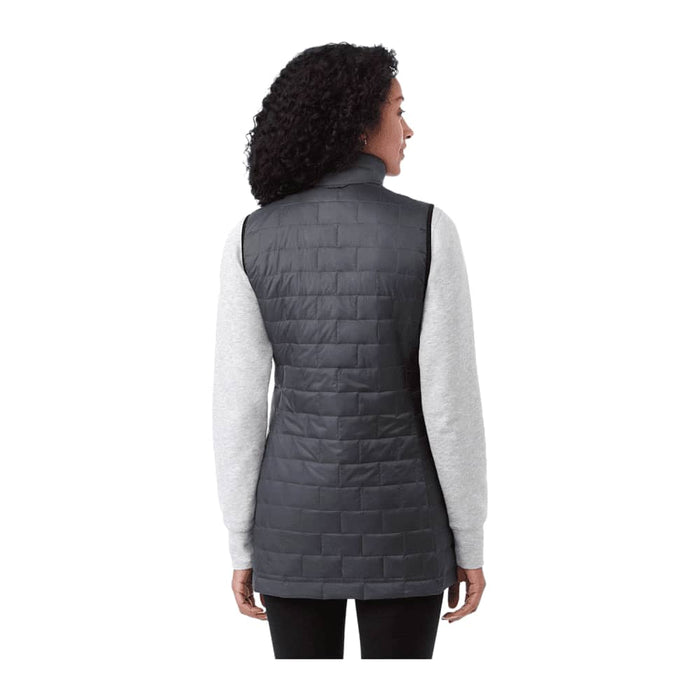Women's Telluride Lightweight Packable Insulated Puffer Vest - A woman wearing a dark grey lightweight packable insulated puffer vest, viewed from the back. The vest has a logo.
