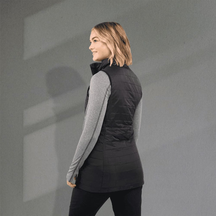 Women's Telluride Lightweight Packable Insulated Puffer Vest - A black women's insulated puffer vest with a fitted silhouette, featuring a high collar and sleek design.