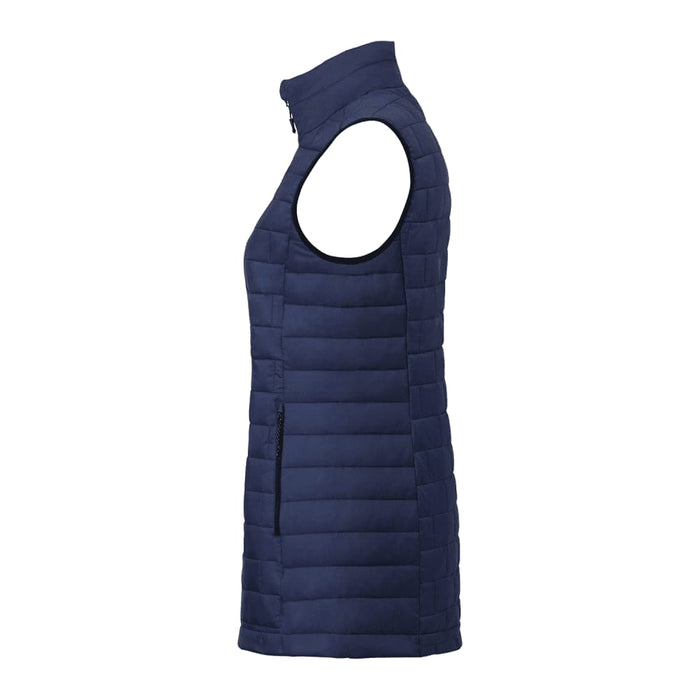 Women's Telluride Lightweight Packable Insulated Puffer Vest - A lightweight navy puffer vest with a zip fastening and side pockets, featuring a logo on the fabric.