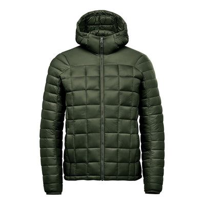 Men's Tundra Thermal Jacket - A green puffer jacket with a hood, featuring a quilted design and a zip closure at the front. It has a logo.