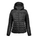 Women's Tundra Thermal Jacket - A women's puffer jacket in black featuring a hood and a quilted design with a front zipper.