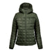 Women's Tundra Thermal Jacket - A women's puffer jacket in olive green with a zip front and a hood, featuring a quilted design. It has a logo on the side.