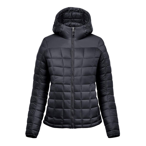 Women's Tundra Thermal Jacket - A women's puffer jacket in black, featuring a quilted design and a hood, with a front zipper and long sleeves.